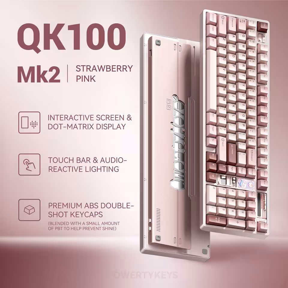 Visuel promotionnel du QK100 Mk2 Strawberry Pink, clavier 1800 rétro avec écran interactif et rétroéclairage.