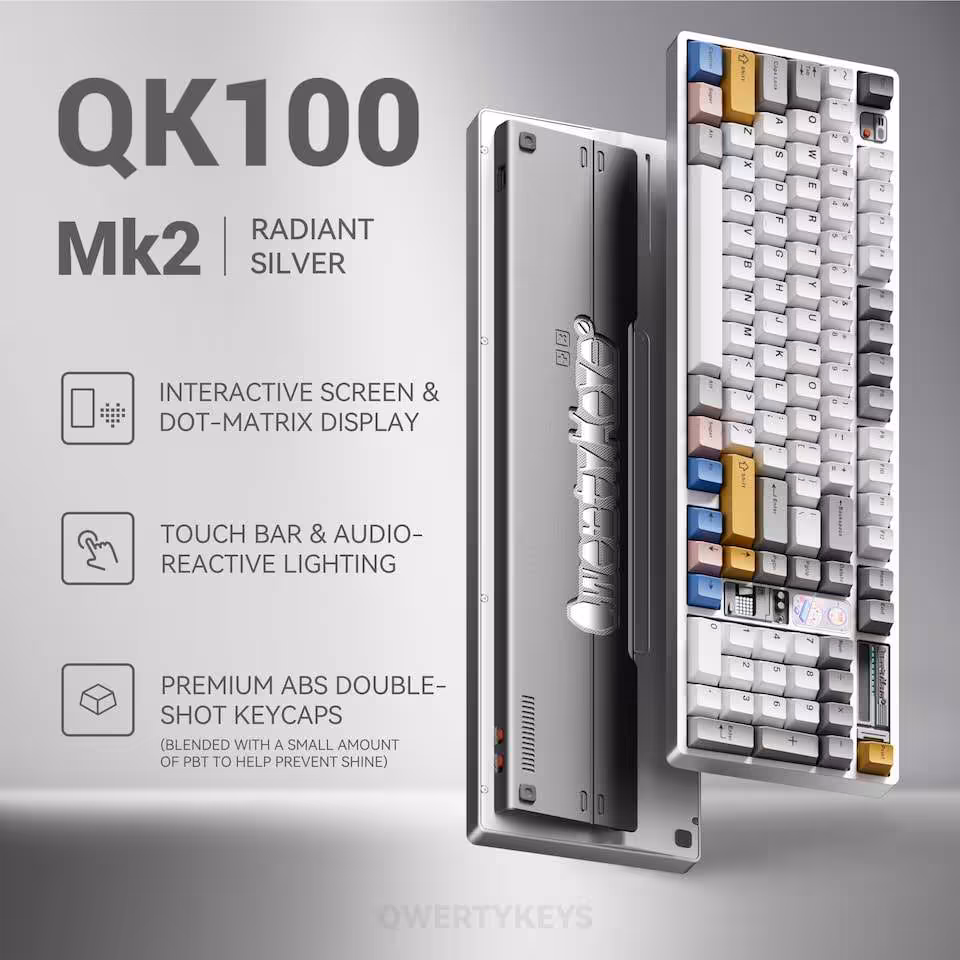 Visuel promotionnel du QK100 Mk2 Radiant Silver, clavier 1800 rétro avec écran interactif et rétroéclairage.