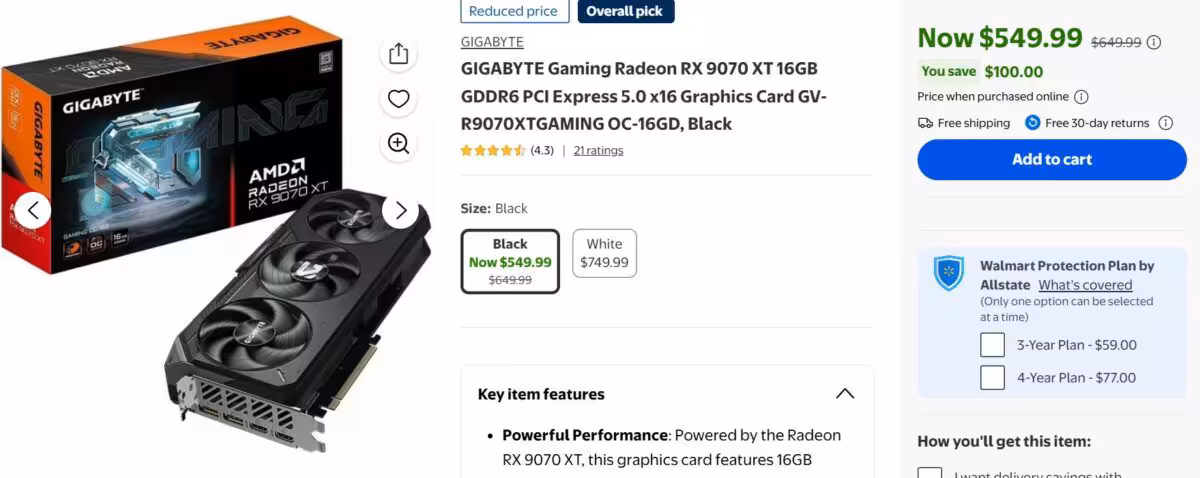 Capture d'écran site e-commerce avec prix et détails Radeon RX 9070 XT, fond blanc