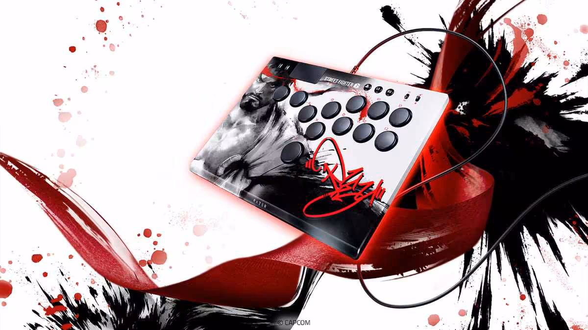 Contrôleur arcade Razer Kitsune Ryu Edition Street Fighter 6, vue produit sur fond blanc et rouge
