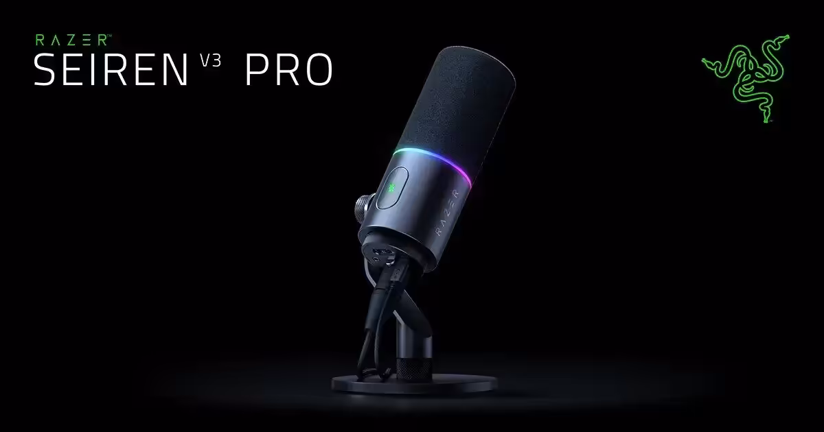 Razer Seiren V3 Pro : un micro dynamique USB-C/XLR avec enregistrement 32-bit float 2 Micro Razer Seiren V3 Pro sur fond noir, vue produit avec logo Razer