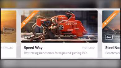 Capture d'écran d'une recommandation 3DMark avec image de moto rouge et texte sur le benchmark Speed Way.