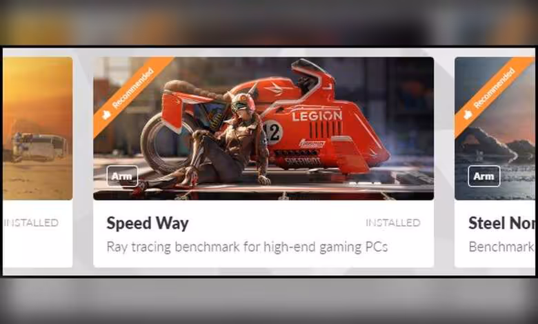 3DMark Arm : Speed Way et Port Royal natifs sur Windows on Arm avec l'update UL 1 Capture d'écran d'une recommandation 3DMark avec image de moto rouge et texte sur le benchmark Speed Way.