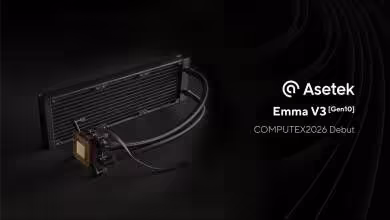 Asetek Emma V3 Gen10 avec radiateur noir, tuyaux, bloc pompe et mention COMPUTEX 2026 Debut
