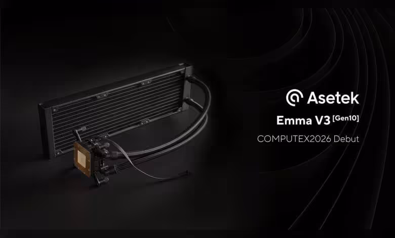 AIO Asetek Emma V3 : 1,5 °C de mieux et 45 % de bruit perçu en moins au Computex 2026 1 Asetek Emma V3 Gen10 avec radiateur noir, tuyaux, bloc pompe et mention COMPUTEX 2026 Debut