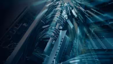 Baie de serveurs en data center avec câbles réseau et lumière bleutée, évoquant l’IA et le calcul intensif