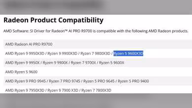 Liste de compatibilité produits AMD avec mention du Ryzen 5 9600X3D en surbrillance.