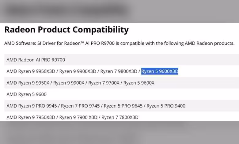Ryzen 5 9600X3D : AMD explique pourquoi le 6 cœurs X3D n'est toujours pas lancé 1 Liste de compatibilité produits AMD avec mention du Ryzen 5 9600X3D en surbrillance.