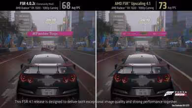 Comparaison performance FSR 4.0.2c et 4.1 course de voitures avec contrastes vifs