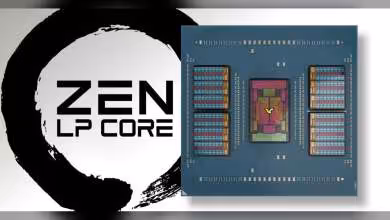 Photo d’un CPU AMD avec design Zen LP Core, fond noir et contraste fort