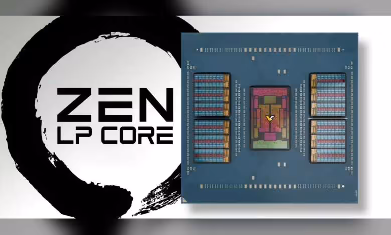 Photo d’un CPU AMD avec design Zen LP Core, fond noir et contraste fort