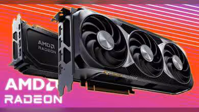 Carte graphique AMD Radeon avec éclairage contrasté et fond dégradé coloré vif