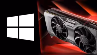 Carte graphique AMD Radeon avec éclairage rouge vif sur fond noir contrasté