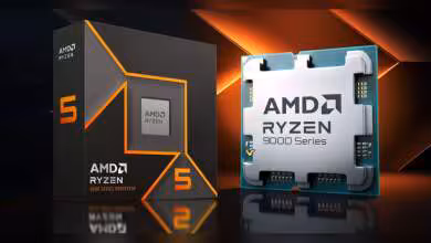 AMD Ryzen 5 9000 Series CPU et boîte, éclairage professionnel, fond sombre avec contrastes orange.