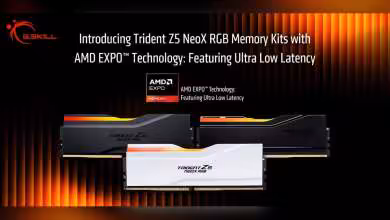 Kits mémoire G.Skill Trident Z5 NeoX RGB avec technologie AMD EXPO sur fond sombre contrasté