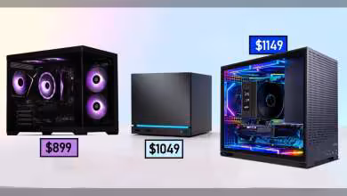 Trois PC avec éclairage RGB, prix indiqués, fond clair dégradé