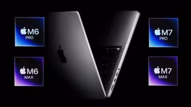 Ordinateur portable Apple MacBook avec logos M6 Pro, M6 Max, M7 Pro, et M7 Max affichés.