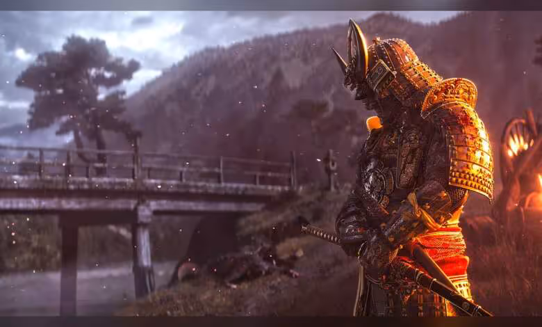 Assassin's Creed Shadows conclut Yasuke et Naoe avec Black Tides le 16 juin 1 Yasuke en armure dorée dans Assassin's Creed Shadows, debout devant un pont en bois et une montagne brumeuse