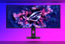 Écran ASUS ROG Strix OLED sur fond violet lumineux, logo ASUS visible au centre