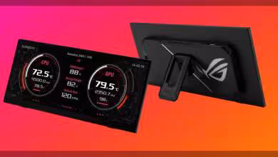 Panneau arrière moniteur ASUS ROG Strix XG129C fond dégradé orange-rose, contraste moyen.
