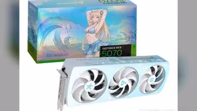 Carte graphique RTX 5070 Sakura avec boîte colorée, illustration personnage animé
