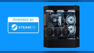 Boîtier PC noir avec éclairage interne LED, logo SteamOS sur fond bleu vif