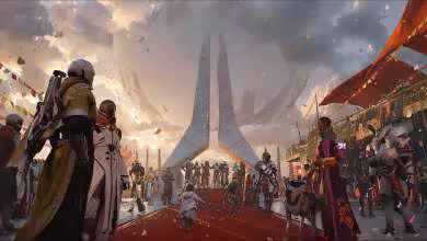 Illustration Bungie Destiny avec personnages en armure autour d’un monument futuriste et bannière rouge rougeoyante