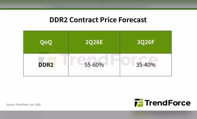 DDR2 : la pénurie s’aggrave, les prix des contrats encore en forte hausse au 3Q26 1 Graphique TrendForce montrant la prévision des prix DDR2, avec hausse 55-60% puis 35-40% au 3Q26F