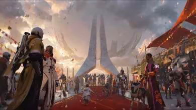 Scène promotionnelle de Destiny 2 avec plusieurs personnages dans un environnement futuriste