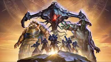 Illustration Destiny avec personnage géant, héros en armure et logo lumineux « 3 »