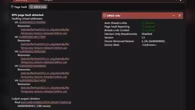 Capture d’écran Microsoft DirectX DRED Info montrant un GPU page fault et des ressources mémoire corrompues