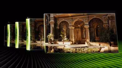 Illustration NVIDIA avec effets graphiques verts et architecture ancienne éclairage contrasté