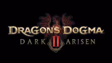 Logo Dragon's Dogma Dark Arisen II sur fond noir, typographie dorée et emblème rouge central