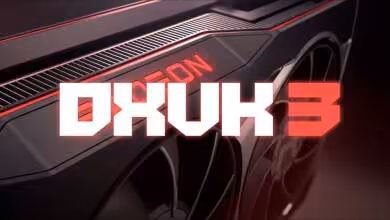 Carte graphique AMD Radeon avec design noir et rouge, texte DXVK 3 en surimpression.