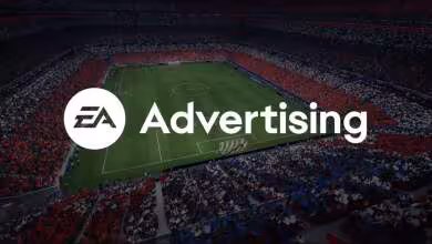 Logo EA Advertising sur fond de stade de football, visuel promotionnel EA Sports