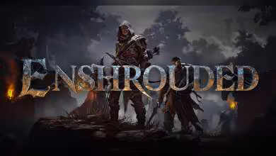 Illustration promotionnelle d’Enshrouded avec deux personnages médiévaux et logo du jeu sur fond sombre brumeux