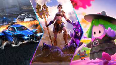 Illustration Fortnite avec voiture de course, personnage guerrier et mascotte violette en chapeau de sorcier