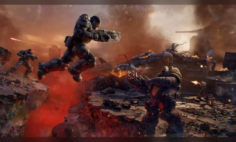 Gears of War: E-Day : une RTX 2060 suffit pour le minimum, sortie le 6 octobre 2026 1 Scène de combat de Gears of War: E-Day avec soldats armés dans un décor apocalyptique rougeoyant