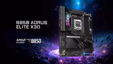 Carte mère Gigabyte B850 AORUS ELITE X3D sur fond lumineux avec effets visuels intenses