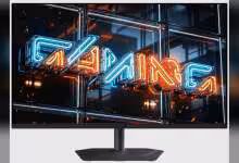 Moniteur Gigabyte MO32U24 32 pouces QD-OLED, face avant, design gaming avec logo Neon GIGABYTE.