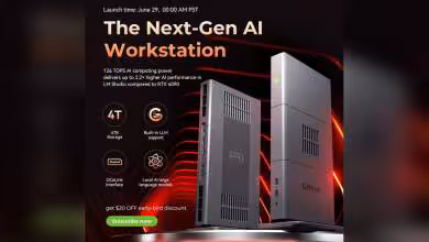 Visuel promotionnel GMKtec EVO-X3 avec mini PC AI, stockage 4TB, OCuLink et support LLM intégré.