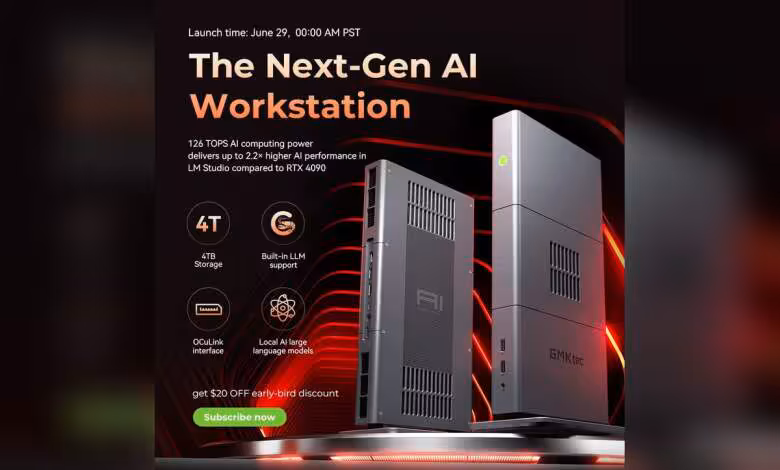 GMKtec EVO-X3 : un mini PC IA au format PS4 avec Ryzen AI Max+ 395 et 128 Go 1 Visuel promotionnel GMKtec EVO-X3 avec mini PC AI, stockage 4TB, OCuLink et support LLM intégré.