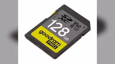 Carte mémoire SD Goodram PRO 128 Go UHS-II V60, vue rapprochée sur fond blanc