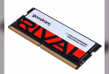 Module mémoire Goodram RIVAL DDR5 SODIMM isolé sur fond blanc, design noir, rouge et argent