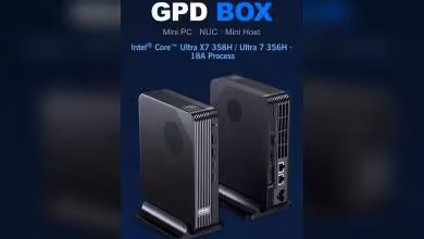GPD BOX mini PC noir, vue produit avec deux unités et mention Intel Core Ultra X7 358H