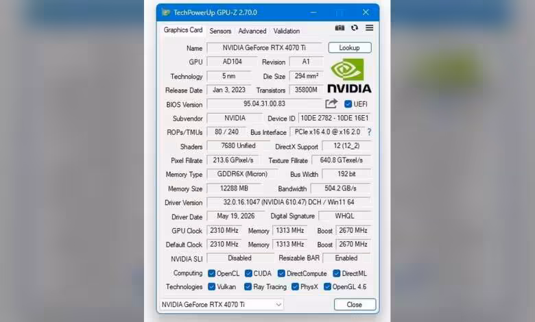 GPU-Z 2.70.0 corrige son pilote noyau et ajoute le support de nombreuses nouvelles puces 1 Fenêtre GPU-Z 2.70.0 affichant une NVIDIA GeForce RTX 4070 Ti avec spécifications techniques détaillées et logo NVIDIA