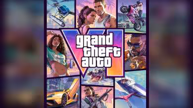 Couverture stylisée avec personnages et éléments de Grand Theft Auto VI, hélicoptère et voitures colorées.