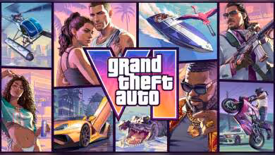Visuel promotionnel Grand Theft Auto VI avec logo central, personnages, voiture de sport, hélicoptère et moto