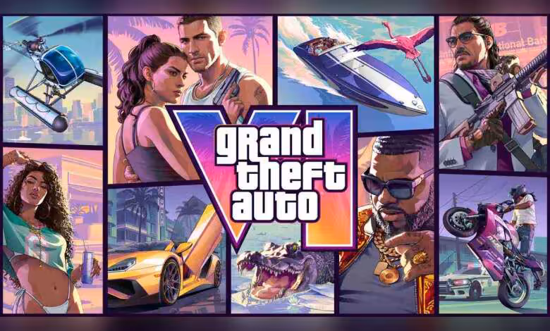GTA VI : les précommandes ouvrent le 25 juin sur PS5 et Xbox Series X|S 1 Visuel promotionnel Grand Theft Auto VI avec logo central, personnages, voiture de sport, hélicoptère et moto