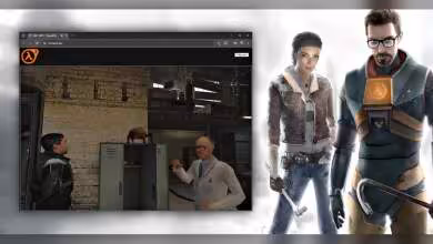 Montage Half-Life 2 avec personnages et interface navigateur, fond neutre, contrastes forts